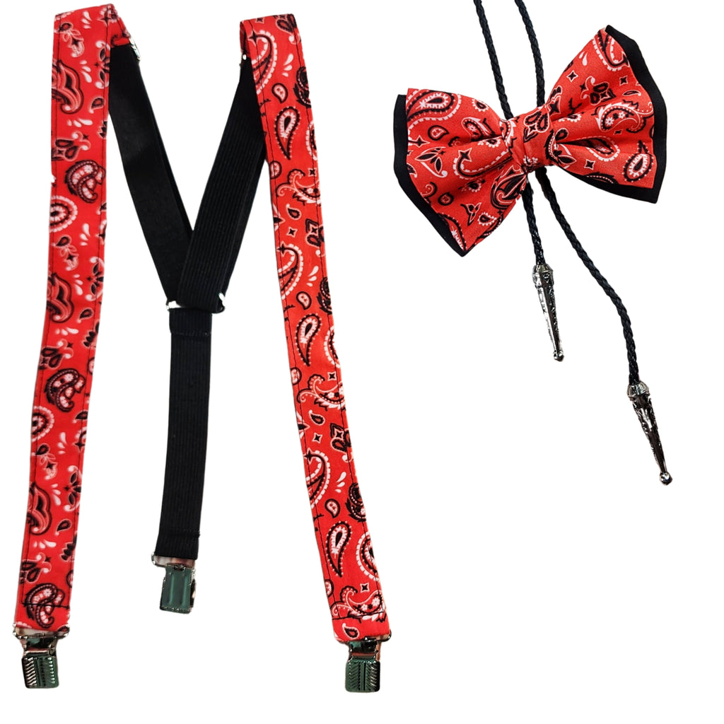 Red Paisley Bolo Bow Tie & Skinny Suspenders - Dapper Xpressions